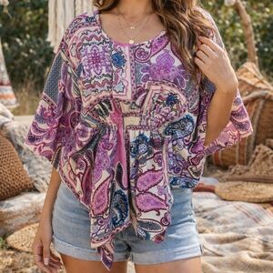 Ali & Kris Paisley Boho Peasant Top Pink Purple Smocked Waist Flowy Sleeve